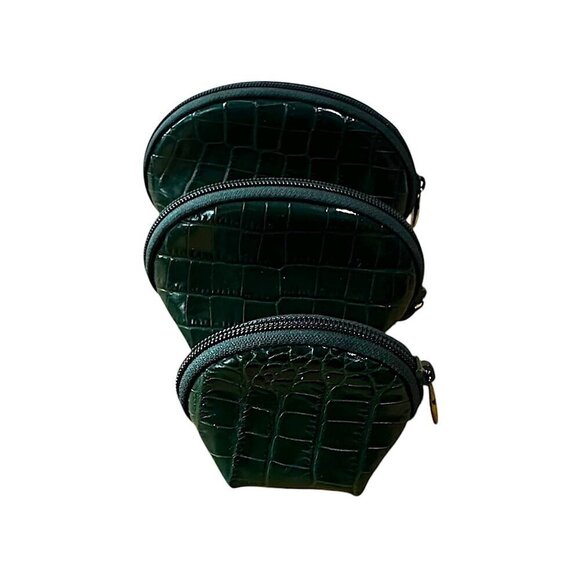 Furla Leather Cosmetic Case Set, Green Crocco Print Leather, Set of 3, New - Picture 1 of 10